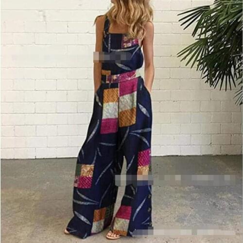 Women Summer Overalls Ethnic Printed Square Neck Sleeveless Casual Jumpsuit With Pocket Printed Wide-Leg Open Back Jumpsuit