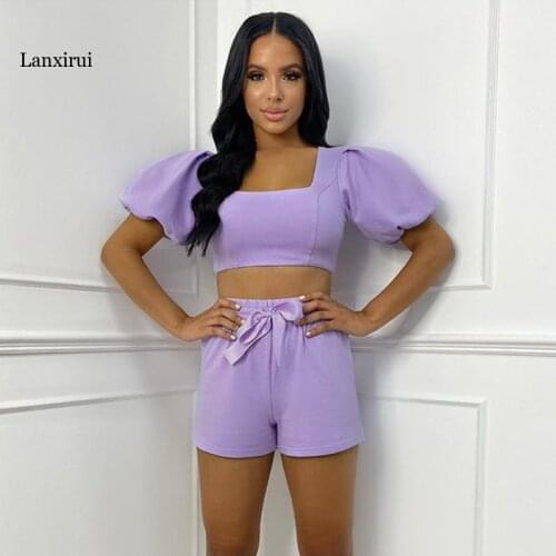 Womens Loungewear Set Square Collar Short Puff Sleeve Crop Top Shorts Two Piece Set Summer Solid Color Casual Outfits