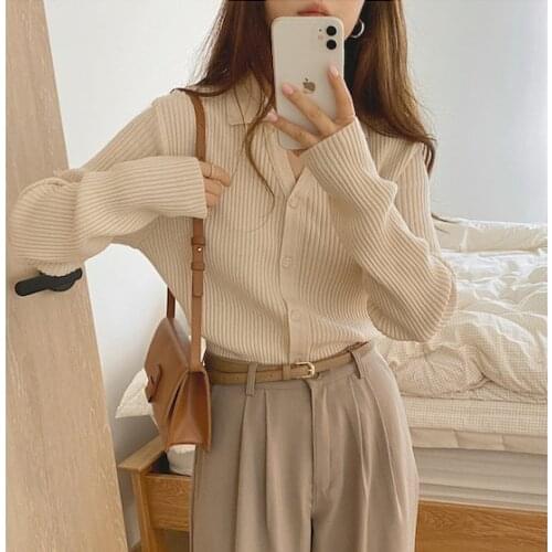 Women Polo neck V-neck inside wear versatile basic thin pit stripe sweater cardigan sweater