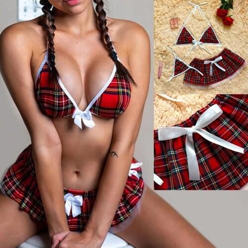 3PC Women Sexy Bow Underwear Pajamas Lingerie Uniform Mini Skirt +Thong Set Christmas Fashion Sexy Plaid Style Underwear Set2021