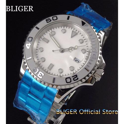 Bliger 40mm White/Light Grey Dial Luminous Saphire Glass Grey Ceramic Bezel Automatic Movement Mens Watch Men