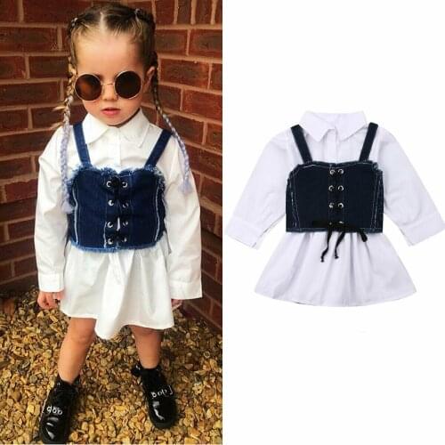 New Spring Cotton Baby Girls Long Sleeves Blouse Shirts Dress Childrens Clothing Kids Dresses Casual Clothes with Denim Vest