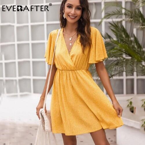 EVERAFTER V-neck polka dot A-line summer dress women ruffles short sleeve holiday beach short dress casual yellow midi dresses