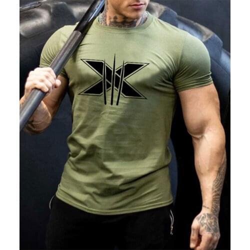Fitness mens T-shirt healthy sports leisure summer T-shirt running training slim print T-shirt exercise mens short sleeves