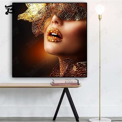 Canvas Painting Portrait Nordic Modern Gold Lips Fashion Sexy Women Oil Painting Canvas Poster Print Wall Art Picture Room Decor