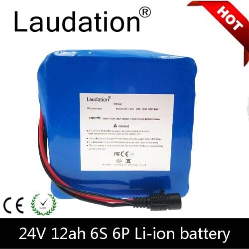 Laudation Electric Bicycle Lithium Battery 24V 12Ah 6S 6P 25.2V 12000Mah For 250W 350W Scooter With 15A BMS And 2A Charger