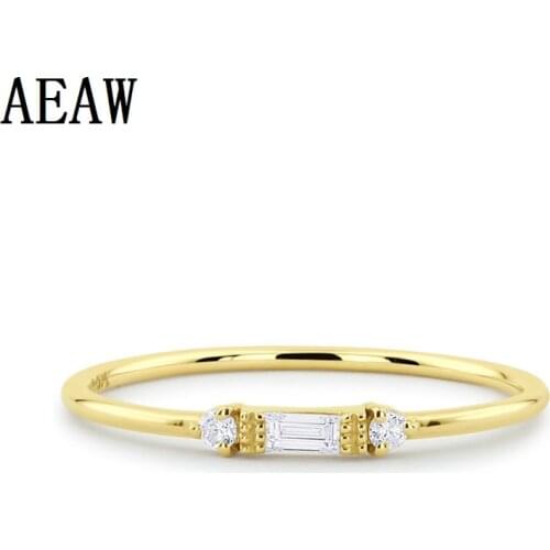 Minimalist Diamond Engagement Ring Stacking Three-Stone Round Baguette Cut 14k Solid Yellow/White/Rose Gold
