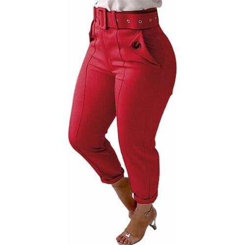 Plus Size Fashion Women Pants Solid Color High Waist Button Belt Elastic Pants Skinny Trousers pantalon femme брюки женские 2021