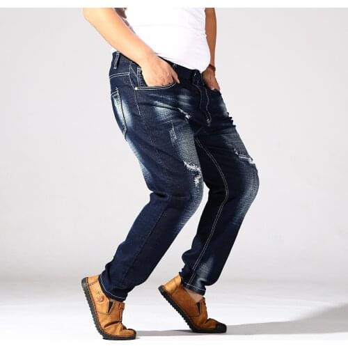2019 New Arrival High Elastic Waist Hollow Jeans Men Super Large Loose Style Full Length Casual Plus Size XL 2XL 3XL 4XL 5XL 6XL