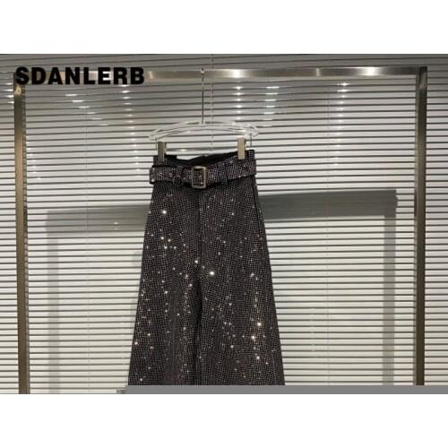 2021 Autumn New Style Full Body Hot Drilling Wide Leg Pants Fashion Black Women Loose Trousers Female Long Pants with Belt