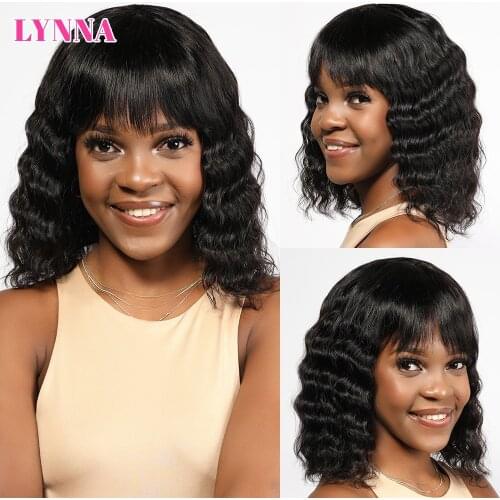 Blunt Cut Wet and Wavy Wig with Bangs Human Hair Natural Black Peruvian Bangs Wig Human Brazilian Hair 8 10 12 14 inches