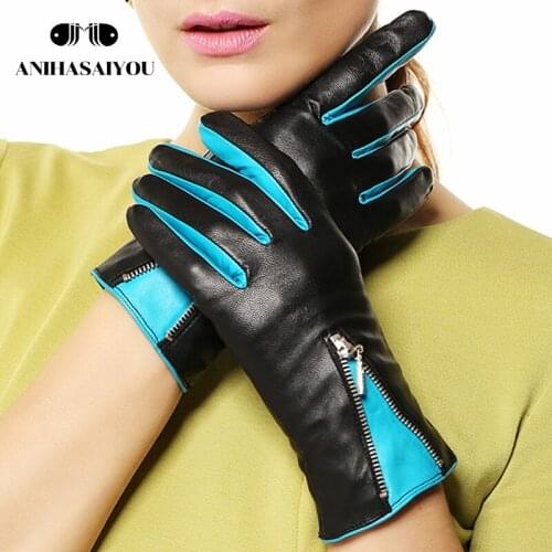 Sheepskin gloves women winter fashion warm winter gloves women warm short leather gloves women zipper contrast color- L141NQ