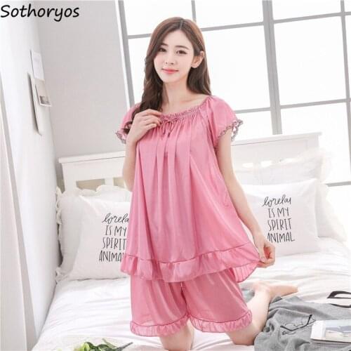 Pajama Sets Women O-neck Lace Short Sleeve Sleep Tops Breathable Bow Elegant Solid Shorts Korean Fashion Oversize Sleepwear Lady
