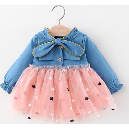 Baby Dress 0-24M Newborn Girls Long Sleeve Bow Neck Denim Ball Gown Princess Dresses Birthday Clothes