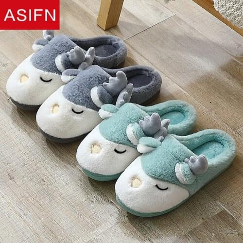 ASIFN Bedroom Cute Slippers Women Men Winter Home Cartoon Deer Mules Non-Slip Soft Keep Warm House Indoor Lovers Couples Shoes