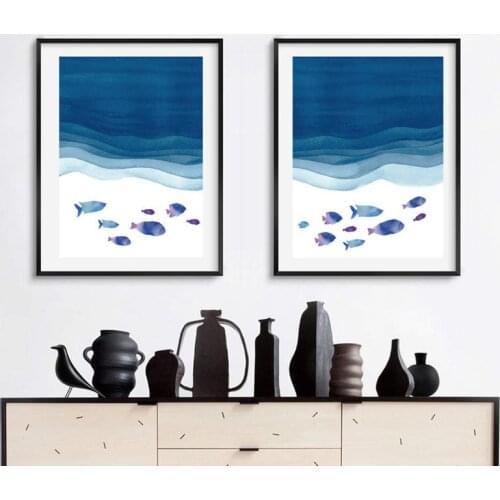 Blue Sea Fish Frameless Decoration Canvas Painting Sofa Living Room Bedroom Background Wall Mural Painting Home Decor Kitchen