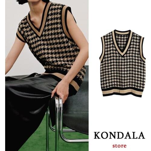 KONDALA Women Plaid Sweaters Za Fashion 2021 Vintage V Neck Loose Sleeveless Sweaters Female Elegant Mujer Tops Spring Pullovers