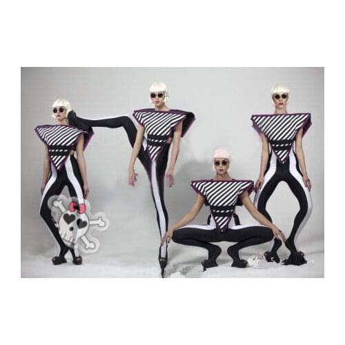 Lady Gaga Sexy Stage Performance Dance Wear Costume Stripe Triangle Tops Skinny Pants Tube Tops 3pcs Women Fashion Clothing Sets