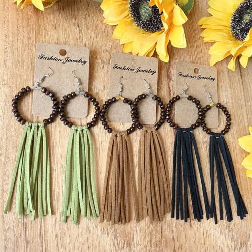 Black Wood Beaded Circle Velvet Tassel Earrings for Women Trendy Simple Statement Long Earrings Bohemian Jewelry Wholesale