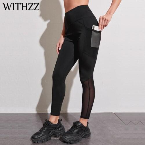 WITHZZ Female Mesh High Waist Pocket Running Sports Fitness Women Pants Leggings
