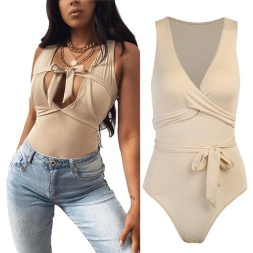 Women Sexy Sleeveless Bodysuit Solid Deep V-neck Tie Up Playsuits Female Apricot/Black Skinny Bodysuit Bandage Tight Jumpsuit