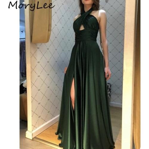 Elagant Evening Dresses Halter Sleeveless A-Line Side Slit Floor Length Silk Satin Evening Dresses vestidos de fiesta de noche