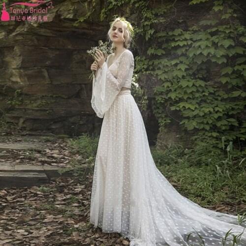 Long Flare sleeve wedding dress bohemian two pieces elegant bridal gowns a line dress ZW273