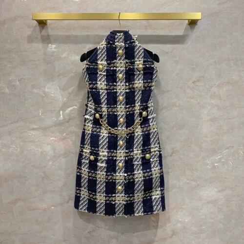 High neck dress womens woolen new golden button yarn blended breast wrapped sleeveless skirt