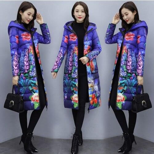 Winter Women 2020 New Fashion Print White Duck Down Jacket Female Thicken Warm Hooded Coat Ladies Long Slim Overcoat P151