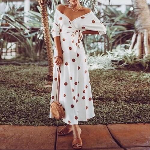 2020 Women Off Shoulder Pilka Dots Bikini Cover Up Chiffon Beach Dress Robe De Plage Pareos De Playa MujerBeachwear Tunic