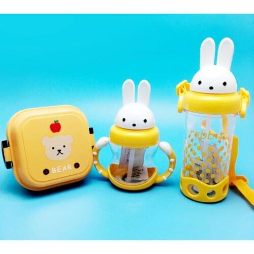 3Pcs/Set New Cute Cartoon Double Tier Lunch Box Bento Lunchbox Children School Food Container Tableware Set with 2 Water Bottle
