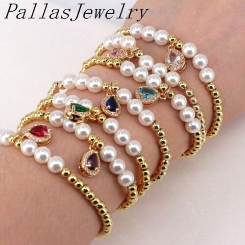 5Pcs Freshwater Pearl Jewelry Bracelet with Crystal Drop Charm Gold Beads Bracelets for Woman Girl,Fashion Gold Charm Bracelet