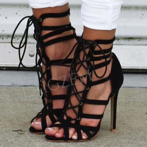 BERZIMER SUPER Women Sandals Black Cross Straps Faux Suede Summer Stiletto Heels Sandals Shoes Woman Large Size 43 44 47 50 52