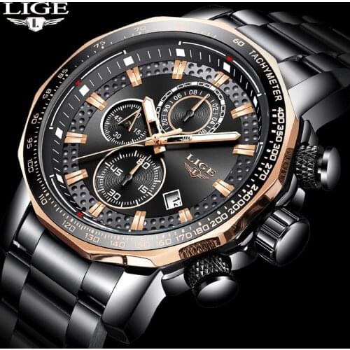 LIGE New Sport Chronograph Mens Watches Top Brand Luxury Full Steel Quartz Clock Waterproof Big Dial Watch Men Relogio Masculino