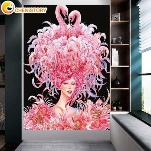 CHENISTORY 5D Diamond Painting Woman Flamingo Full Square Round Drill Abstract Diamond Embroidery Animal Cross Stitch Mosaic Wal