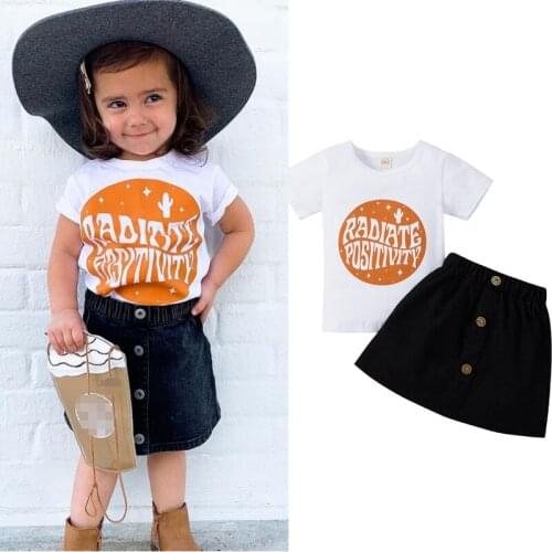 1-5Y Infant Baby Girls Cute Clothes Sets Letter Short Sleeve T Shirts Tops Button A-Line Skirts 2pcs