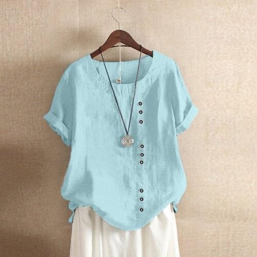 Print Tshirts Women Summer Casual Short Sleeve Oversize T-shirt Harajuku Loose O-neck Button Cotton Linen Daily Tee Top #T2P