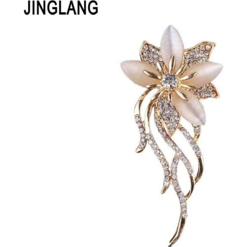 JINGLANG Fashion Gold Color Opal Brooches White Rhinestone Flower Brooches For Women Wedding Party Jewelry