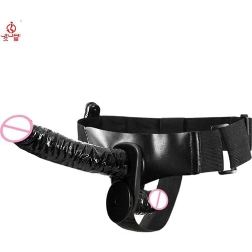 Jiuai Black Leather Wearable Vibrating Huge Solid Double Dildo Pants Masturbation Sex Toys for Women or Couples Sex Games Produt