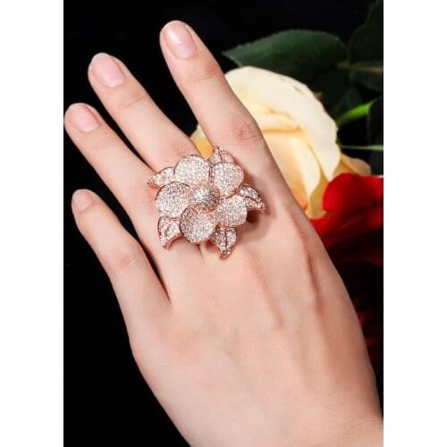 Bilincolor fashion trendy high quality rose gold cubic zirconia big flower wedding bridal ring female