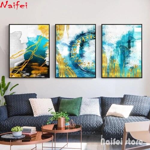 Diy Diamond Painting 3pcs Abstract Blue With Gold Landscape Cross Stitch Embroidery Full Drill Mosaic Rhinestone Wall Art Decor