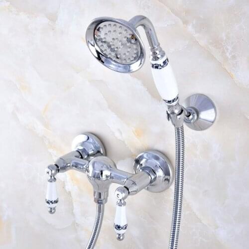 Polished Chrome Brass Wall Mounted Bathroom Hand Held Shower Head Faucet Set Mixer Tap Dual Ceramics Handles Levers mna785