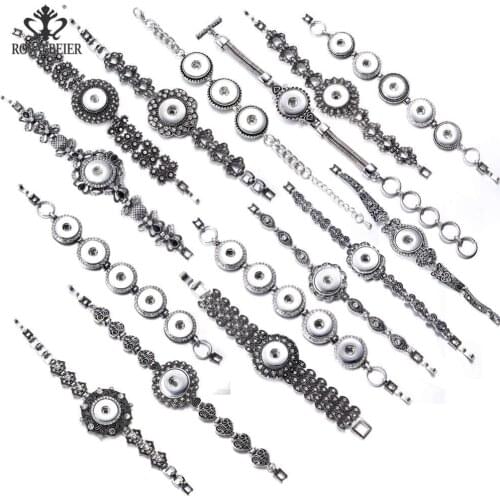 ROYALBEIER New Fashion Beauty Vintage Flower LOVE Metal 18mm Snap Button Jewelry Bracelet Bohemia For Women Jewelry SZ0547