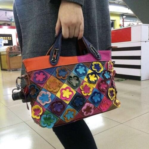 Totes Shopping Casual Women Bag Genuine Leather Panelled Colorful Flowers Shoulder Bag Ladies Packing Handbag Crossbody Bags