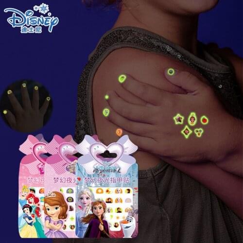 Disney Princess Snow White Sofia Girls Luminous Nail Stickers Makeup Toys Frozen 2 Elsa Anna Stickers Childrens Gifts