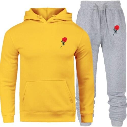 Hoodies set men 2020 Red rose print Hoodies Mens women Long Sleeve Hooded clothes harajuku Korean Style Couple suit Sweatshirts