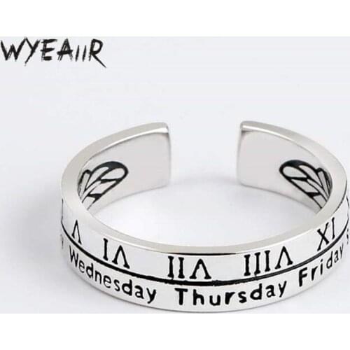WYEAIIR Retro Roman Numerals Week Letters Personality 925 Sterling Silver Female Resizable Opening Rings