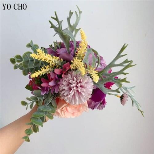 YO CHO Artificial Flower Bride Wedding Bouquet Silk Rose Mixed Bouquet Pompon Orchid Eucalyptus Forest Wedding Flower Home Decor