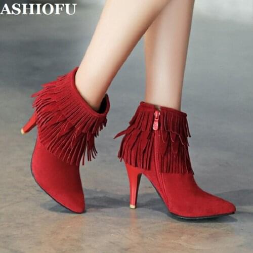 ASHIOFU New Womens High Heels Shoes Tassel&Fringed Black&Red Party Dress Ankle Booties Large Size Fashion Evening Short Boots