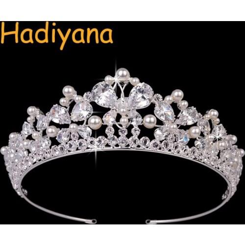 Hadiyana New Bridal Hair Tiaras Luxury Zircon Pearl Flower Wedding Crown Anniversary For Women BC3447 Haar Sieraden Bruiloft